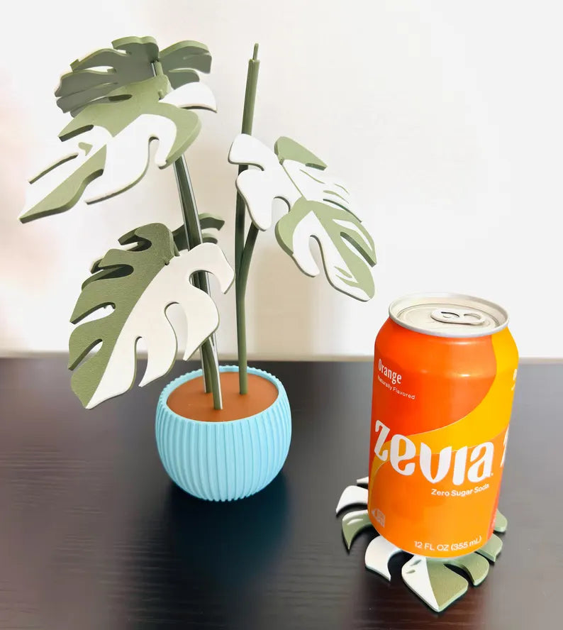 Monstera Plant Coaster Set, Choice of Leaf and Pot Color, Modern Plant Decor w/ 6 Coasters, Disguised Functional Home Decor, Great for Desks