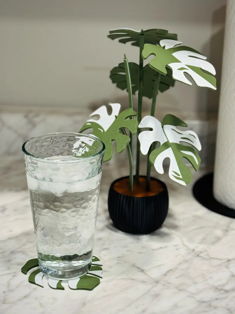 Monstera Plant Coaster Set, Choice of Leaf and Pot Color, Modern Plant Decor w/ 6 Coasters, Disguised Functional Home Decor, Great for Desks